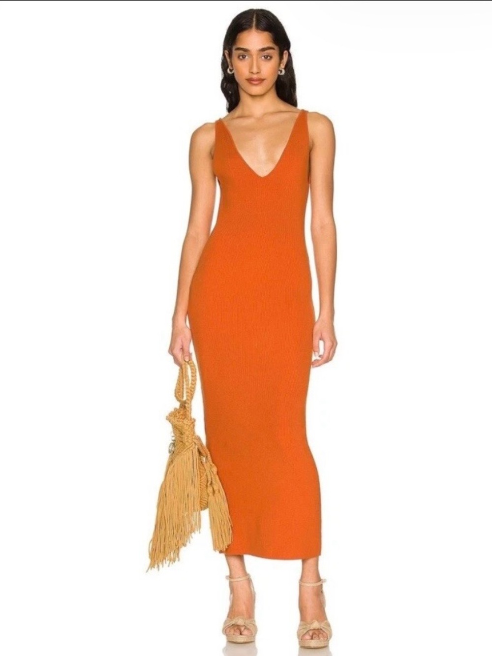 Free People Beach Ribbed V-Neck Midi Dress in Orange